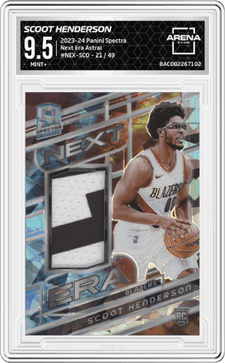 Scoot Henderson from the 2023-24 Panini Spectra set featuring a Astral parallel graded by Arena Club and given an overall grade of 9.5.