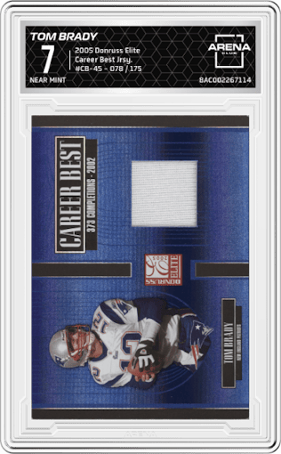 Tom Brady from the 2005 Donruss Elite set graded by Arena Club and given an overall grade of 7.