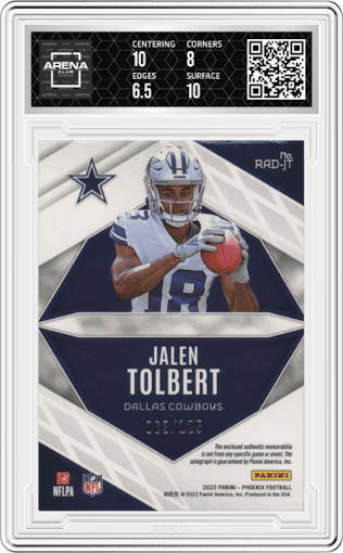 Jalen Tolbert from the 2022 Panini Phoenix set featuring a Orange parallel graded by Arena Club and given an overall grade of 7.