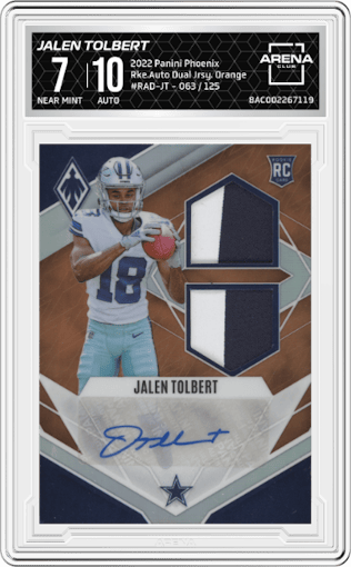 Jalen Tolbert from the 2022 Panini Phoenix set featuring a Orange parallel graded by Arena Club and given an overall grade of 7.