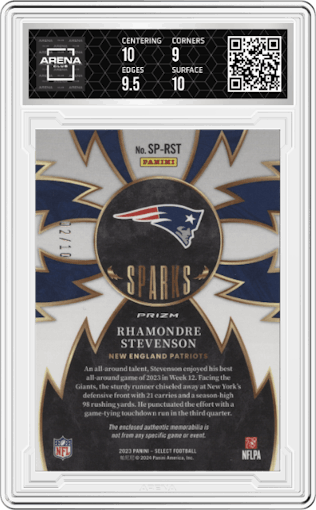 Rhamondre Stevenson  from the 2023 Panini Select set featuring a Gold  parallel graded by Arena Club and given an overall grade of 9.5.