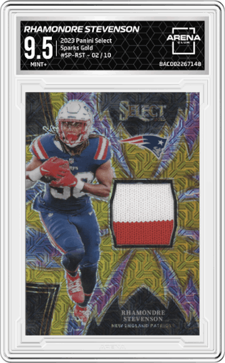 Rhamondre Stevenson  from the 2023 Panini Select set featuring a Gold  parallel graded by Arena Club and given an overall grade of 9.5.