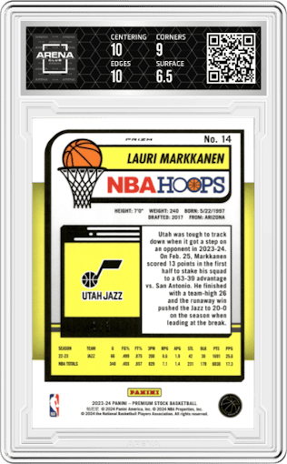 Lauri Markkanen from the 2023-24 Panini Hoops Premium Stock set featuring a Green Disco parallel graded by Arena Club and given an overall grade of 7.