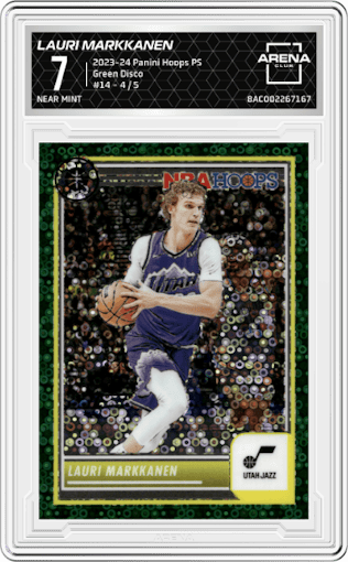 Lauri Markkanen from the 2023-24 Panini Hoops Premium Stock set featuring a Green Disco parallel graded by Arena Club and given an overall grade of 7.