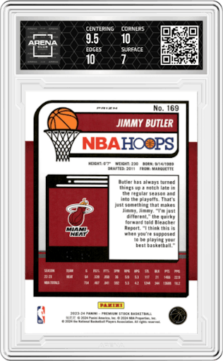 Jimmy Butler from the 2023-24 Panini Hoops Premium Stock set featuring a Disco Blue parallel graded by Arena Club and given an overall grade of 7.5.