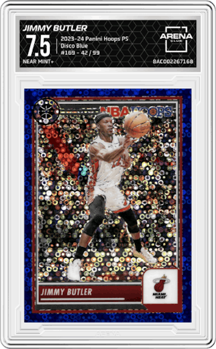 Jimmy Butler from the 2023-24 Panini Hoops Premium Stock set featuring a Disco Blue parallel graded by Arena Club and given an overall grade of 7.5.