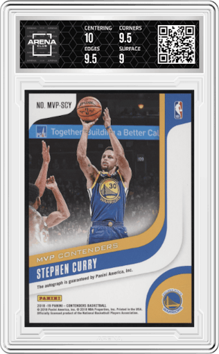 Stephen Curry from the 2018-19 Panini Contenders set graded by Arena Club and given an overall grade of 9.5.