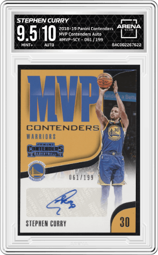 Stephen Curry from the 2018-19 Panini Contenders set graded by Arena Club and given an overall grade of 9.5.