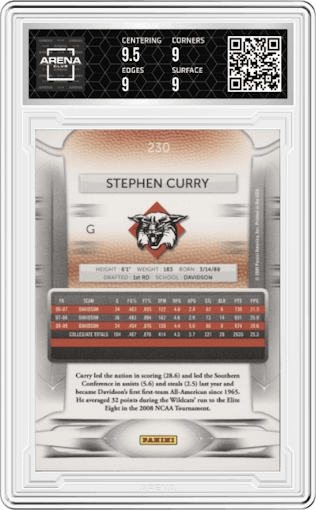 Stephen Curry from the 2009-10 Panini Prestige set graded by Arena Club and given an overall grade of 9.