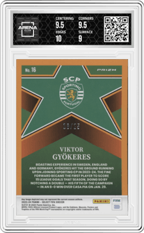 Viktor Gyokeres from the 2023-24 Panini Select FIFA set featuring a Pink parallel graded by Arena Club and given an overall grade of 9.5.