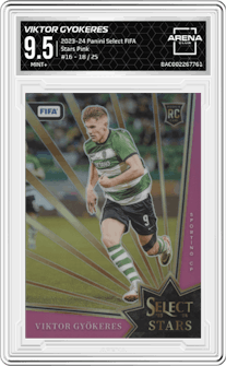 Viktor Gyokeres from the 2023-24 Panini Select FIFA set featuring a Pink parallel graded by Arena Club and given an overall grade of 9.5.