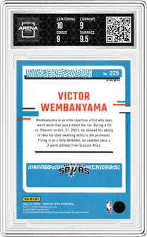 Victor Wembanyama from the 2023-24 Donruss Optic set featuring a Holo parallel graded by Arena Club and given an overall grade of 9.5.