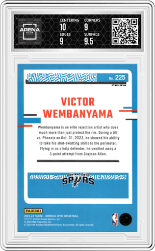 Victor Wembanyama from the 2023-24 Donruss Optic set featuring a Holo parallel graded by Arena Club and given an overall grade of 9.5.