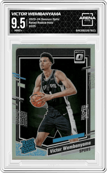 Victor Wembanyama from the 2023-24 Donruss Optic set featuring a Holo parallel graded by Arena Club and given an overall grade of 9.5.
