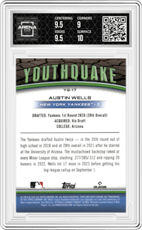 Austin Wells from the 2024 Topps Chrome set featuring a Black Refractor parallel graded by Arena Club and given an overall grade of 9.5.