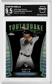 Austin Wells from the 2024 Topps Chrome set featuring a Black Refractor parallel graded by Arena Club and given an overall grade of 9.5.