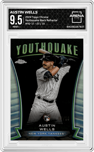 Austin Wells from the 2024 Topps Chrome set featuring a Black Refractor parallel graded by Arena Club and given an overall grade of 9.5.