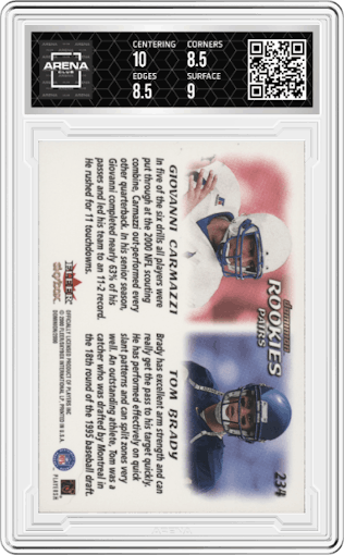 Giovanni Carmazzi/Tom Brady from the 2000 Skybox Dominion set graded by Arena Club and given an overall grade of 9.