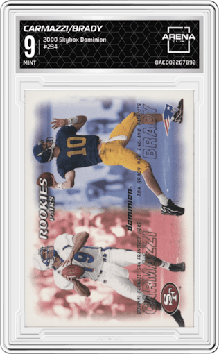 Giovanni Carmazzi/Tom Brady from the 2000 Skybox Dominion set graded by Arena Club and given an overall grade of 9.