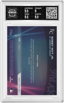 Bobby Witt Jr. from the 2022 Topps X Steve Aoki Baseball Party set featuring a Pink Glitter Blast parallel graded by Arena Club and given an overall grade of 9.5.