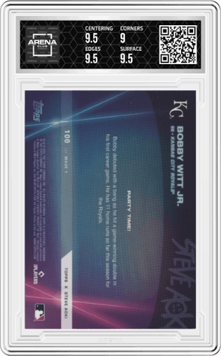 Bobby Witt Jr. from the 2022 Topps X Steve Aoki Baseball Party set featuring a Pink Glitter Blast parallel graded by Arena Club and given an overall grade of 9.5.