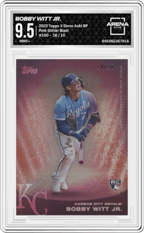 Bobby Witt Jr. from the 2022 Topps X Steve Aoki Baseball Party set featuring a Pink Glitter Blast parallel graded by Arena Club and given an overall grade of 9.5.