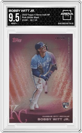 Bobby Witt Jr. from the 2022 Topps X Steve Aoki Baseball Party set featuring a Pink Glitter Blast parallel graded by Arena Club and given an overall grade of 9.5.