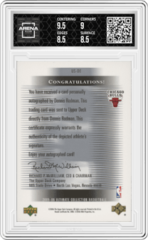 Dennis Rodman from the 2005-06 Upper Deck Ultimate Collection set graded by Arena Club and given an overall grade of 9.