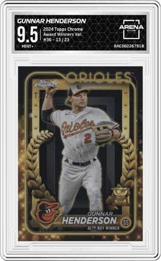 Gunnar Henderson from the 2024 Topps Chrome set graded by Arena Club and given an overall grade of 9.5.