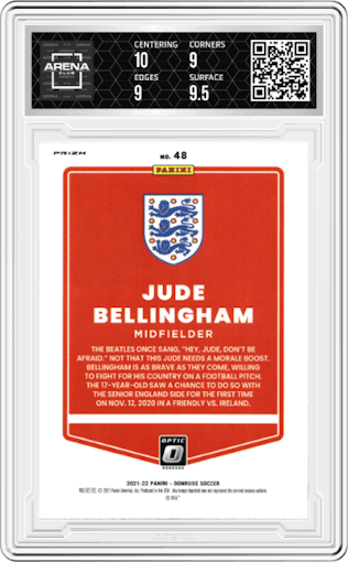 Jude Bellingham from the 2021-22 Panini Donruss Road to Qatar set featuring a Green Velocity parallel graded by Arena Club and given an overall grade of 9.5.