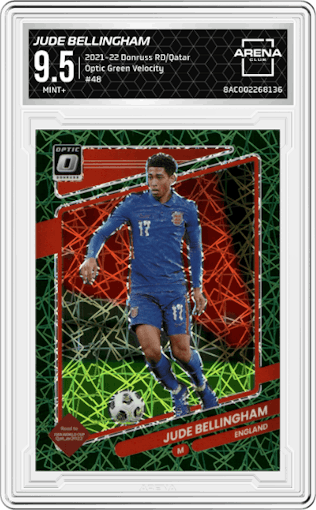 Jude Bellingham from the 2021-22 Panini Donruss Road to Qatar set featuring a Green Velocity parallel graded by Arena Club and given an overall grade of 9.5.