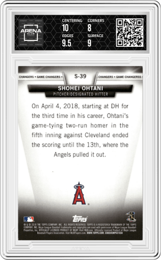 Shohei Ohtani from the 2018 Topps Update set featuring a Black parallel graded by Arena Club and given an overall grade of 8.5.