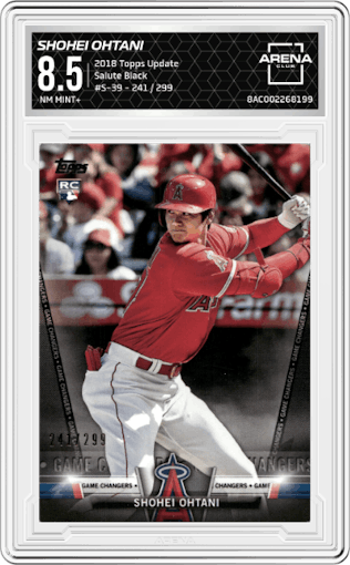 Shohei Ohtani from the 2018 Topps Update set featuring a Black parallel graded by Arena Club and given an overall grade of 8.5.