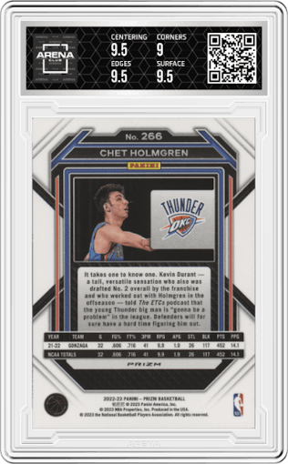 Chet Holmgren from the 2022-23 Panini Prizm  set featuring a Silver Prizm parallel graded by Arena Club and given an overall grade of 9.5.