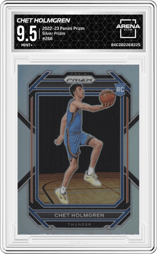 Chet Holmgren from the 2022-23 Panini Prizm  set featuring a Silver Prizm parallel graded by Arena Club and given an overall grade of 9.5.