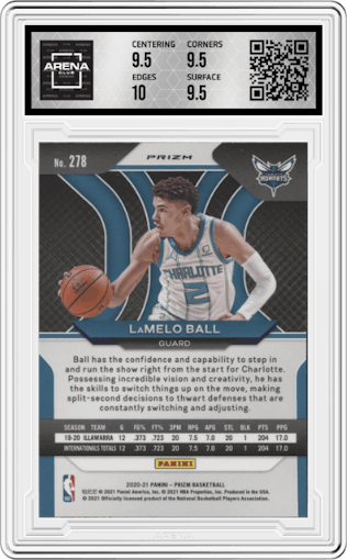 LaMelo Ball from the 2020-21 Panini Prizm set featuring a Silver Prizm parallel graded by Arena Club and given an overall grade of 10.