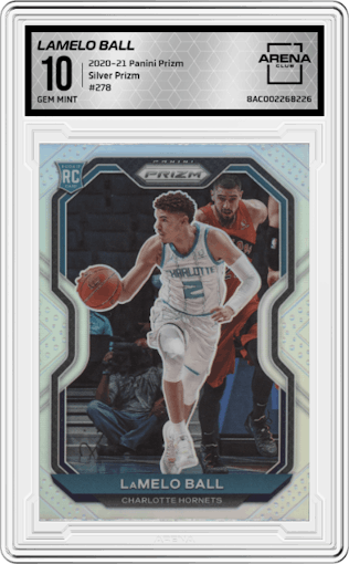 LaMelo Ball from the 2020-21 Panini Prizm set featuring a Silver Prizm parallel graded by Arena Club and given an overall grade of 10.