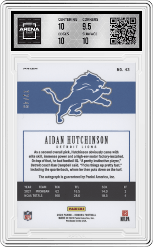 Aidan Hutchinson from the 2022 Panini Honors set graded by Arena Club and given an overall grade of 10.