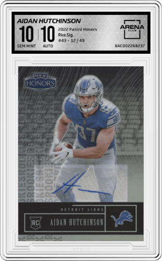 Aidan Hutchinson from the 2022 Panini Honors set graded by Arena Club and given an overall grade of 10.