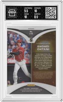Shohei Ohtani from the 2020 Panini Prizm set featuring a Snake Skin parallel graded by Arena Club and given an overall grade of 9.