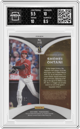 Shohei Ohtani from the 2020 Panini Prizm set featuring a Snake Skin parallel graded by Arena Club and given an overall grade of 9.
