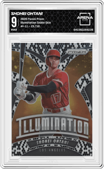 Shohei Ohtani from the 2020 Panini Prizm set featuring a Snake Skin parallel graded by Arena Club and given an overall grade of 9.