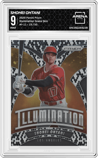 Shohei Ohtani from the 2020 Panini Prizm set featuring a Snake Skin parallel graded by Arena Club and given an overall grade of 9.