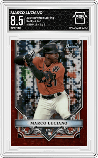 Marco Luciano from the 2024 Bowman Sterling set featuring a Red parallel graded by Arena Club and given an overall grade of 8.5.