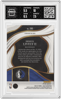 Dereck Lively II from the 2023-24 Panini Select  set featuring a Tiger parallel graded by Arena Club and given an overall grade of 8.