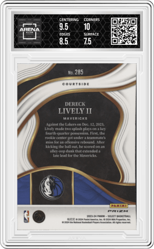 Dereck Lively II from the 2023-24 Panini Select  set featuring a Tiger parallel graded by Arena Club and given an overall grade of 8.