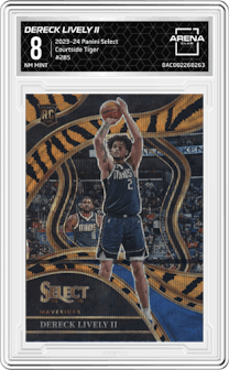 Dereck Lively II from the 2023-24 Panini Select  set featuring a Tiger parallel graded by Arena Club and given an overall grade of 8.