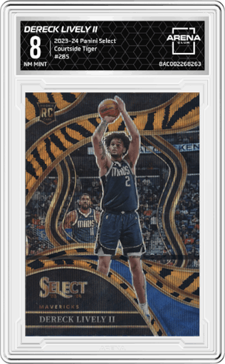 Dereck Lively II from the 2023-24 Panini Select  set featuring a Tiger parallel graded by Arena Club and given an overall grade of 8.