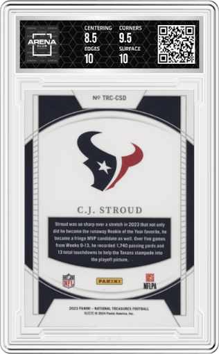 C.J. Stroud from the 2023 Panini National Treasures set graded by Arena Club and given an overall grade of 9.