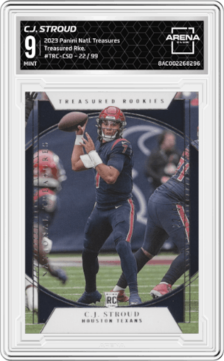 C.J. Stroud from the 2023 Panini National Treasures set graded by Arena Club and given an overall grade of 9.